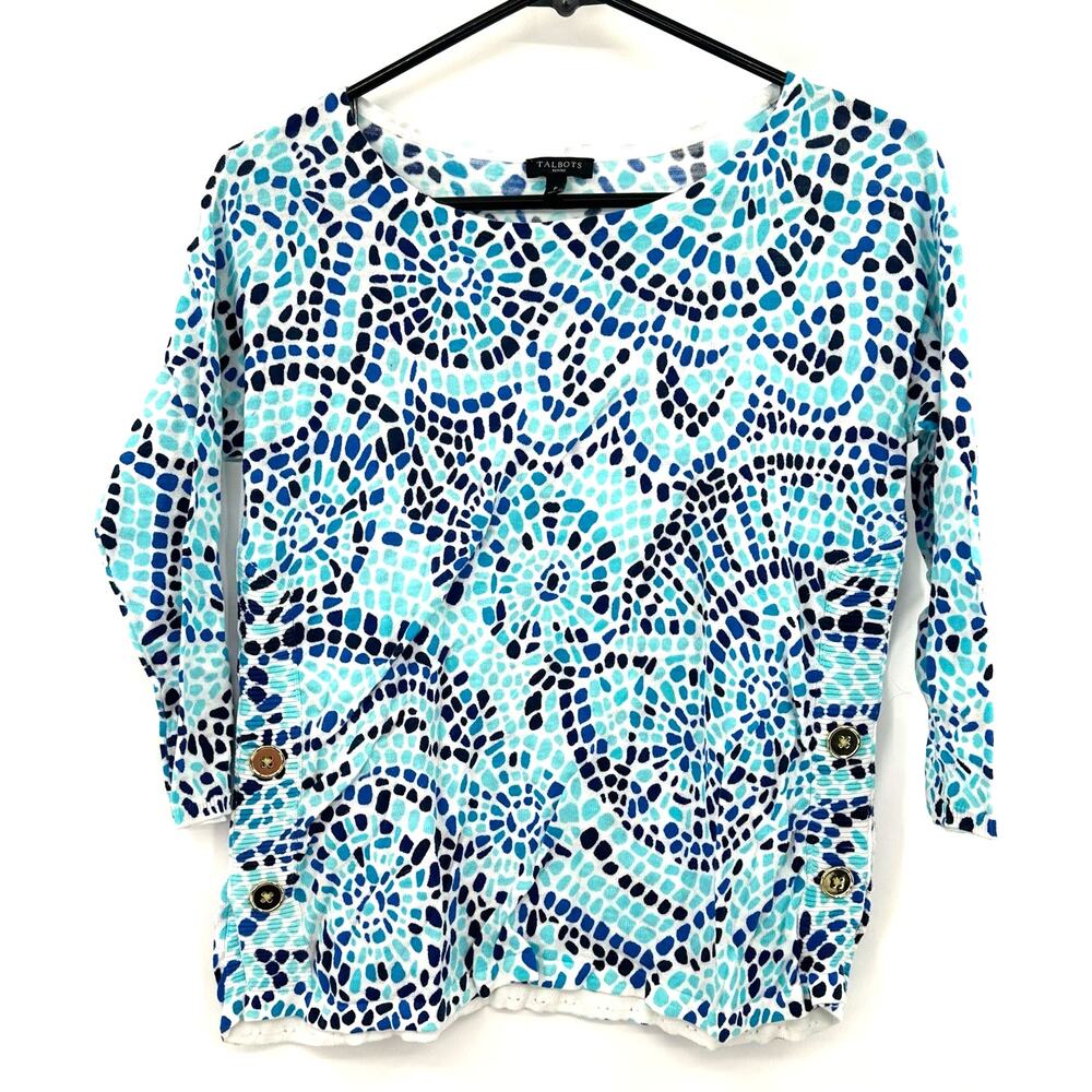 Talbots Size‎ P Small Pullover Style Sweater Blue White Button Detail 3/4 Sleeve